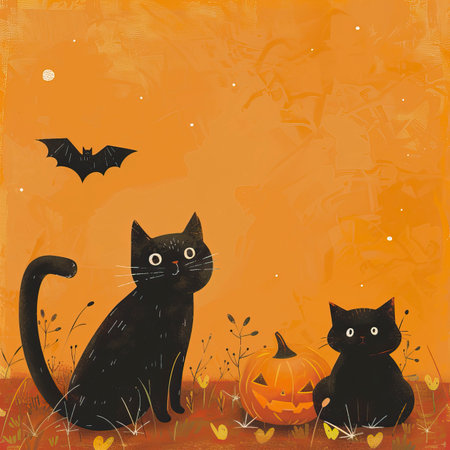 Halloween background with black cats and pumpkin on orange grunge backgroundのイラスト素材