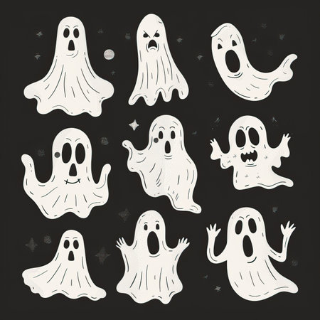 Set of ghosts on a dark background. Vector illustration for Halloween.のイラスト素材