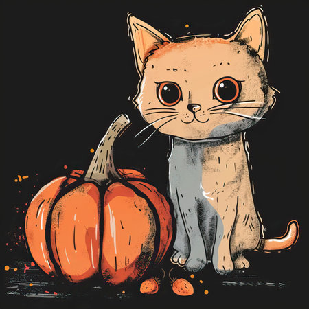 Cute cat with pumpkins. Hand drawn illustration on black background.のイラスト素材