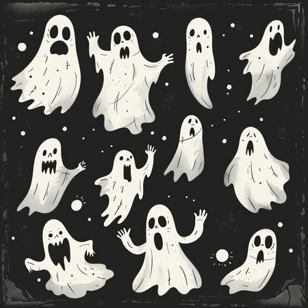 Set of cute ghosts isolated on black background. Hand drawn illustration.のイラスト素材