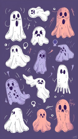 Set of cute hand drawn ghosts isolated on purple background. Vector illustration.のイラスト素材