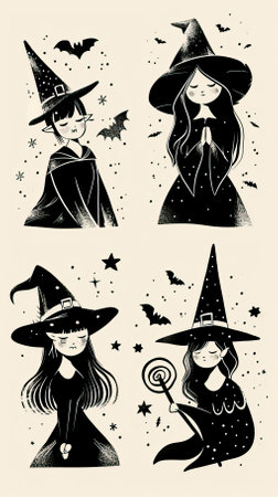 Set of cute girls in witch costumes. Halloween. Vector illustration.のイラスト素材