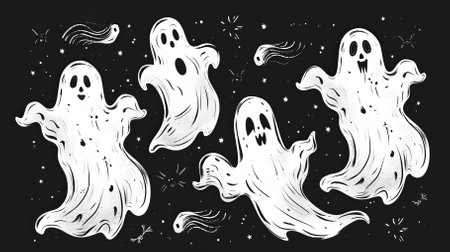 Set of hand drawn ghosts on black background. Halloween vector illustration.のイラスト素材