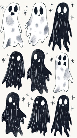 Set of cute hand drawn ghosts. Vector illustration in sketch style.のイラスト素材