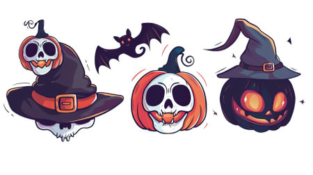 Set of Halloween pumpkins with witch hats and bats. Vector illustration.のイラスト素材