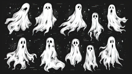 Set of hand-drawn ghosts on a dark background. Vector illustration.