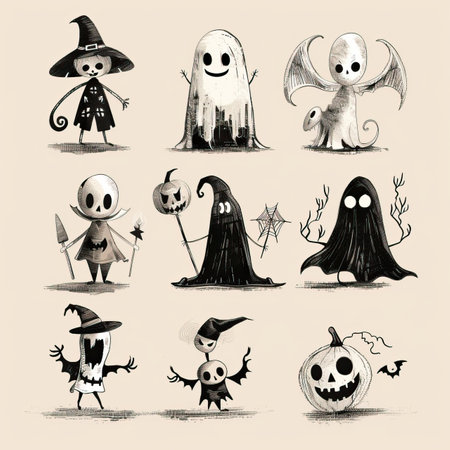 Set of cute hand drawn halloween characters. Vector illustration.のイラスト素材