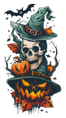 Vector illustration of a skeleton in a witch's hat with pumpkins.のイラスト素材