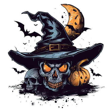 Halloween vector illustration with skull in witch hat and pumpkin on grunge backgroundのイラスト素材