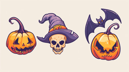 Halloween pumpkins with witch hat and bats. Vector illustration.のイラスト素材
