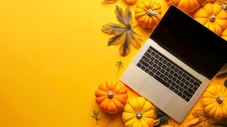 Flat lay composition with laptop, pumpkins and autumn leaves on yellow background