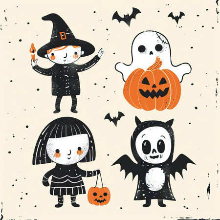 Halloween hand drawn vector illustration. Cute kids in Halloween costumes.のイラスト素材