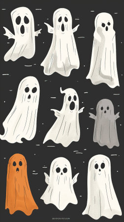 Set of cute ghosts isolated on black background. Halloween vector illustration.のイラスト素材