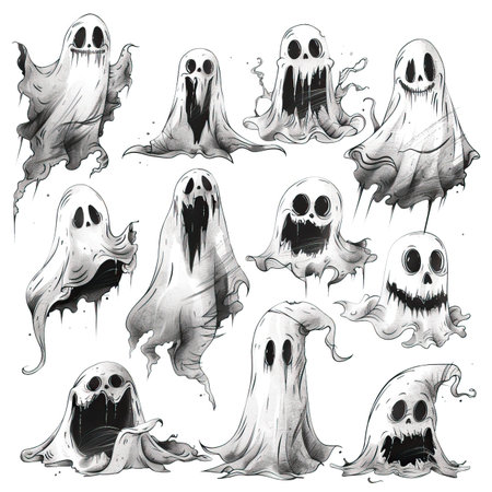Set of hand drawn Halloween ghosts. Vector illustration. Isolated on white background.のイラスト素材