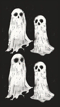 Set of ghosts on a black background. Hand-drawn illustration.のイラスト素材