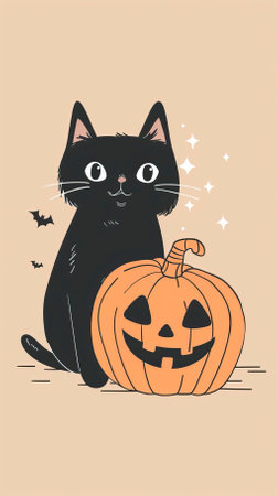 Vector illustration of a black cat sitting next to a pumpkin and holding a candy.のイラスト素材
