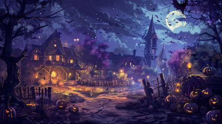 Halloween background with haunted house, pumpkins, bats and moonのイラスト素材