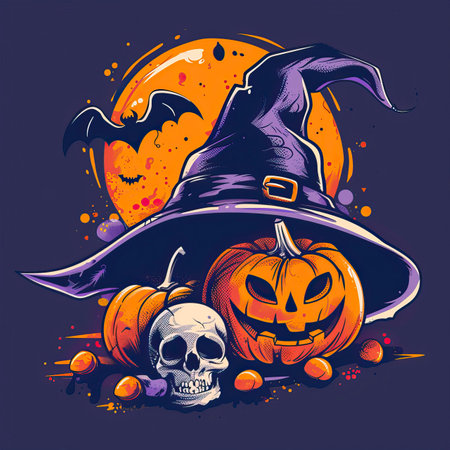 Halloween vector illustration with pumpkins, witch hat and bats.のイラスト素材