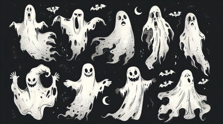 Set of hand drawn vector illustrations of ghosts. Halloween design elements.