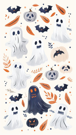 Halloween set of cute hand drawn ghosts, pumpkins, bats and leaves. Vector illustration.のイラスト素材
