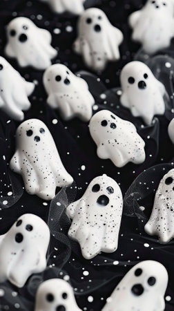 Closeup of a group of ghost shaped cookies on a black background