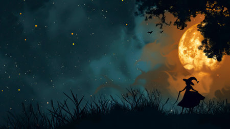 Halloween background with witch and full moon. Vector Illustration.のイラスト素材