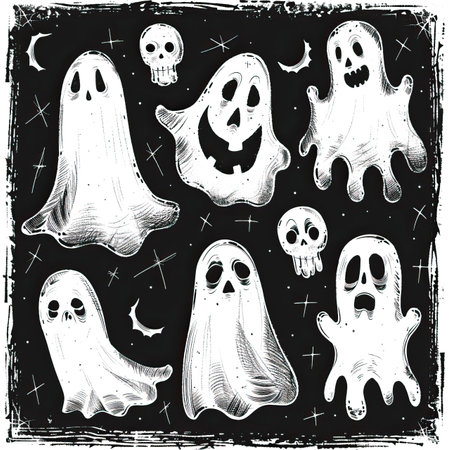 Halloween set of ghosts. Hand drawn vector illustration in sketch style.のイラスト素材