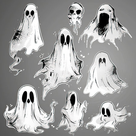 Set of ghosts for halloween. Hand drawn vector illustration.のイラスト素材