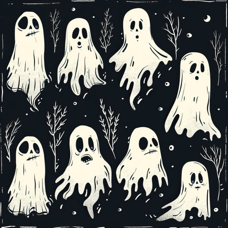 Set of vector illustrations of ghosts on a black background. Halloween.