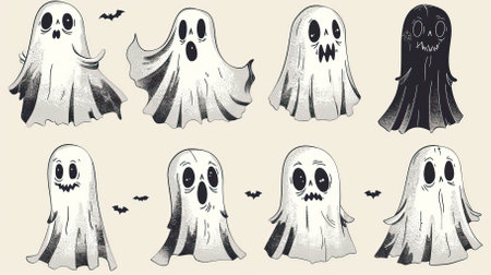 Set of cute ghosts. Hand drawn vector illustration in sketch style.