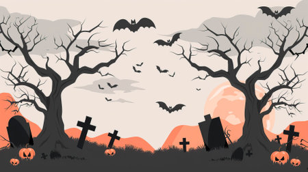 Halloween background with graveyard, bats and pumpkins. Vector illustration.のイラスト素材