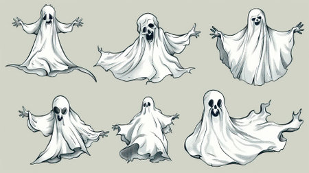 Set of ghosts in different poses. Hand drawn vector illustration in sketch style.