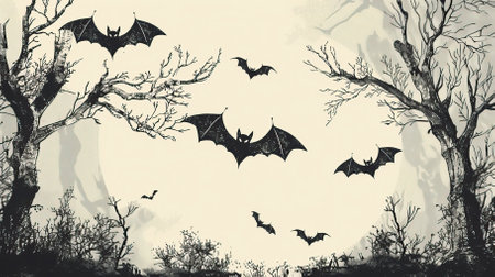 Halloween background. Silhouette of bats flying in the forestのイラスト素材