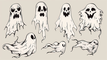 Set of hand drawn ghosts. Vector illustration in sketch style. Halloweenのイラスト素材