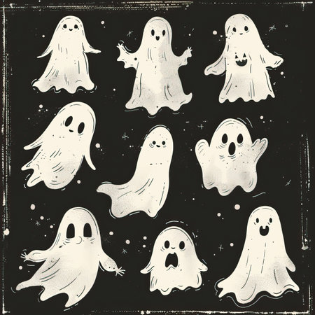 Set of cute ghosts isolated on black background. Vector hand drawn illustration.のイラスト素材
