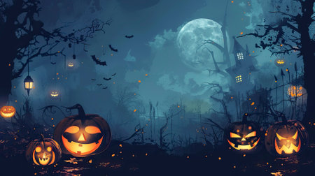 Halloween night background with pumpkins and full moon. Vector illustration.のイラスト素材