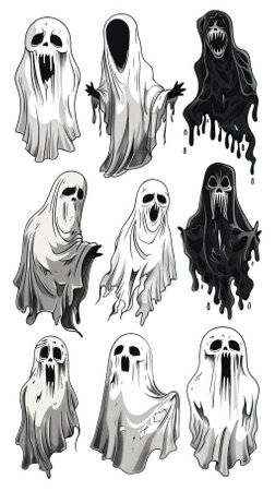 Set of ghosts. Vector illustration in black and white colors on a white background.のイラスト素材