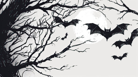 Halloween background with bats and tree branches. Black and white illustration.のイラスト素材