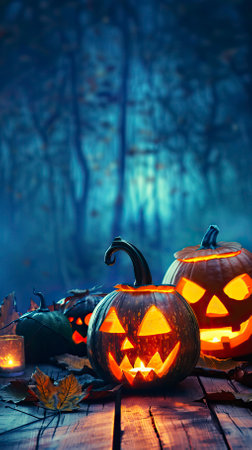 Halloween pumpkins on wooden table in foggy forest at nightのイラスト素材
