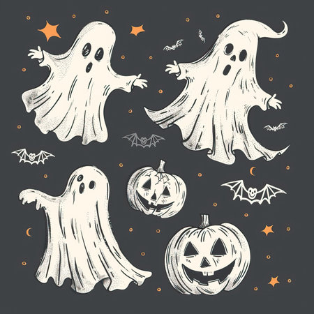Halloween hand drawn set of ghosts. Vector illustration in sketch style.のイラスト素材