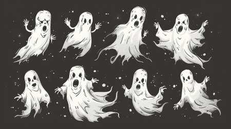 Set of cute ghosts in different poses and expressions. Vector illustration.のイラスト素材