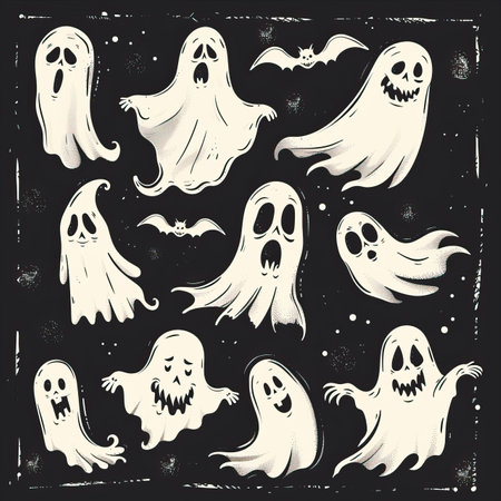 Set of ghosts for Halloween. Vector illustration on chalkboard background.のイラスト素材