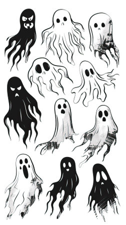 Black and white illustration of a set of hand drawn Halloween ghosts.のイラスト素材