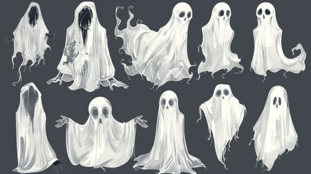 Set of ghosts in different poses on a dark background. Vector illustration