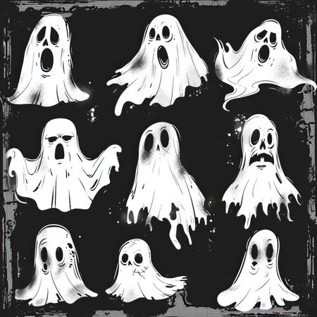 Set of scary ghosts in grunge style on black background. Vector illustration.のイラスト素材