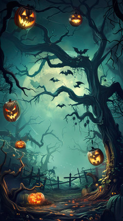 Halloween background with pumpkins, bats and trees in the forest.のイラスト素材
