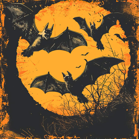 Halloween grunge background with bats and moon. Vector illustration.のイラスト素材