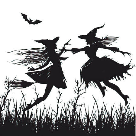 silhouette of witch flying in the grass, halloweenのイラスト素材