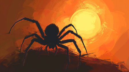 illustration of a spider on a background of the rising sun.のイラスト素材
