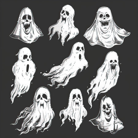 Set of ghosts on a dark background. Vector illustration in sketch style.のイラスト素材